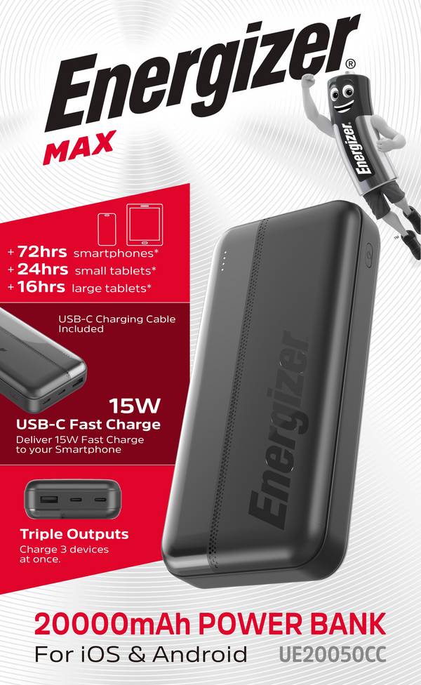 Energizer Akku Powerbank, 20.000mAh, UE20050CC, schwarz Max, 1x USB-A/2x USB-C, Retail