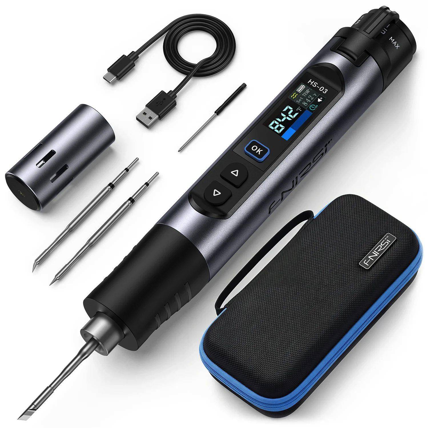 FNIRSI HS-03 Plus Lötkolben, 10W, 100-450°, 0,96\" Display, 2600mAh 18650-Akku, 3 Lötspitzen-1