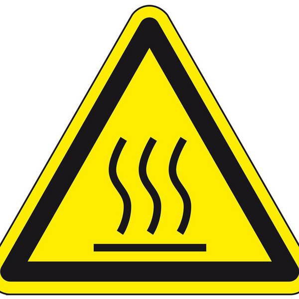 Warnschild Warnung von heißer Oberfläche, RoHS konform, Folie, SL 25mm, 10/Bogen, ASR A1.3, DIN EN ISO 7010 W017