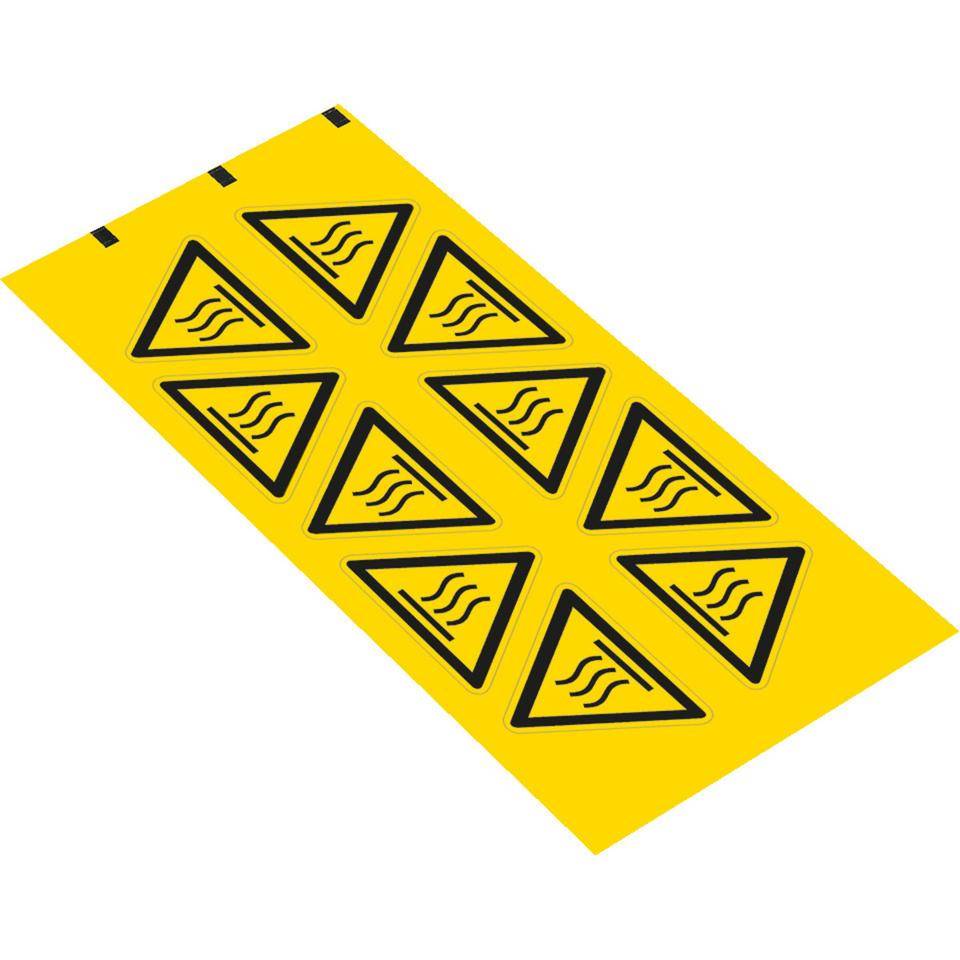 Warnschild Warnung von heißer Oberfläche, RoHS konform, Folie, SL 25mm, 10/Bogen, ASR A1.3, DIN EN ISO 7010 W017-1