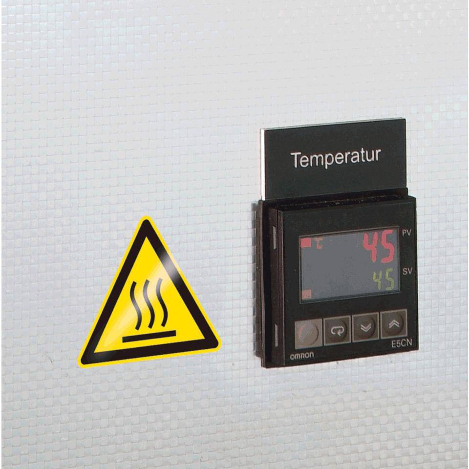 Warnschild Warnung von heißer Oberfläche, RoHS konform, Folie, SL 25mm, 10/Bogen, ASR A1.3, DIN EN ISO 7010 W017-2