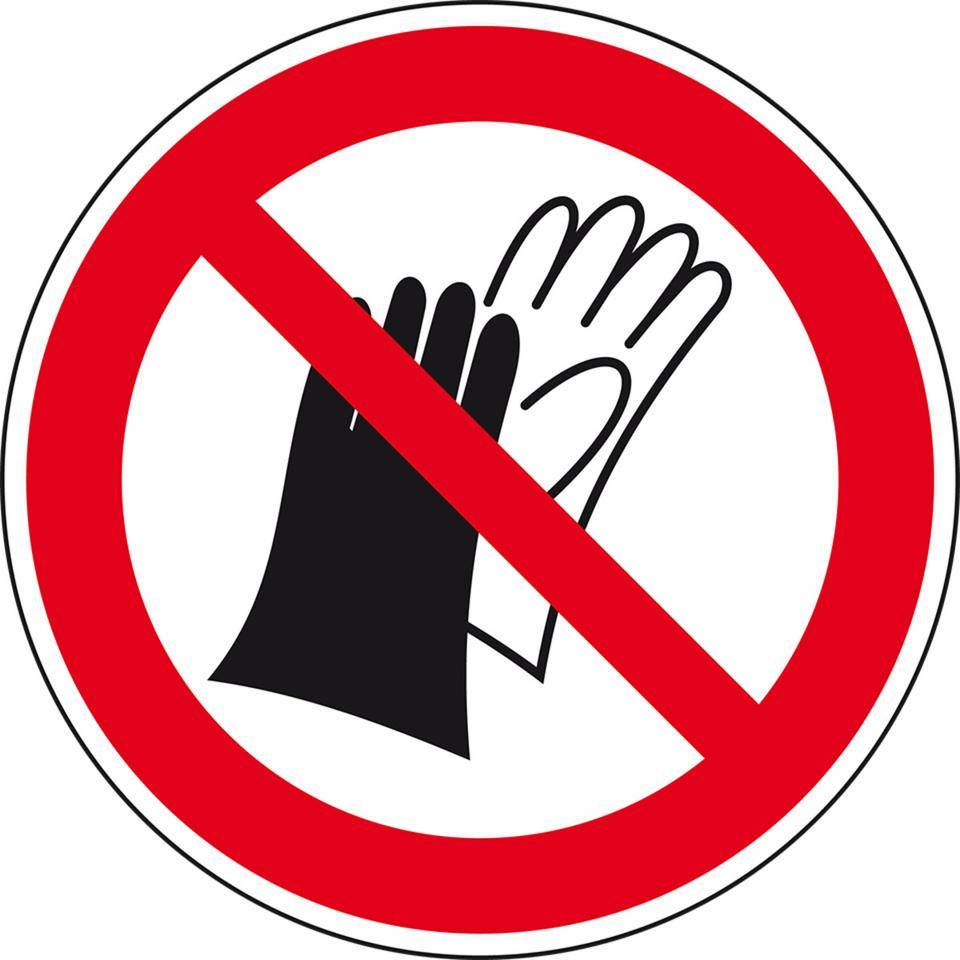 Verbotsschild Ben.Handschuhen verb., RoHS konform, Folie, Ø 50mm, 10/Bogen, ASR A1.3, DIN EN ISO 7010 P028-0