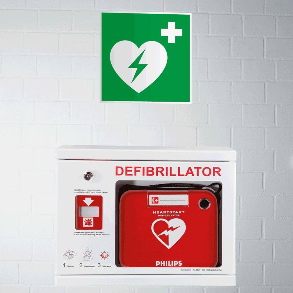 Rettungszeichen Automatisierter externer Defibrillator, Kunststoff, 300x300mm, ASR A1.3, DIN EN ISO 7010 E010 und D-E017-1