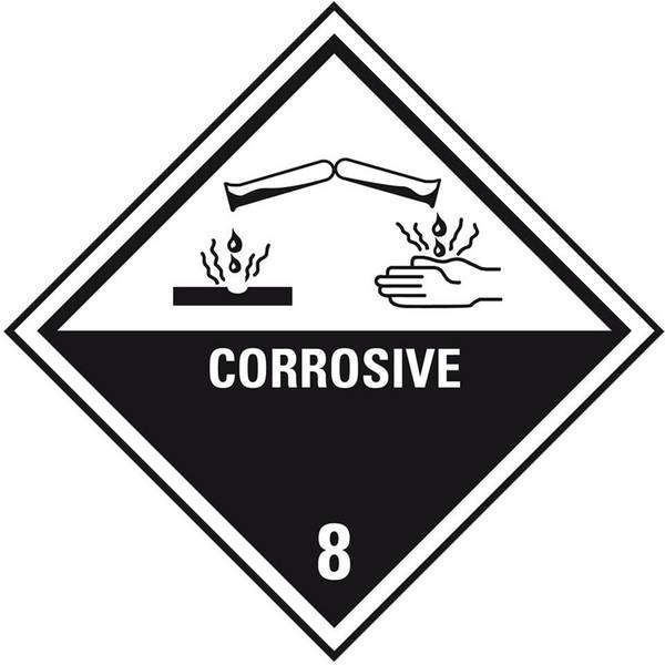 Verpackungskennzeichen Klasse 8 CORROSIVE, Folie, seewasserbeständig, 100x100mm, 500/Rolle