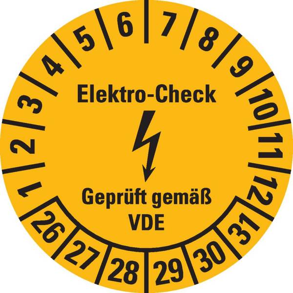 Prüfplakette Elektro-Check, VDE, 26-31, gelb, Dokumentenfolie, Ø30mm, 18/Bogen
