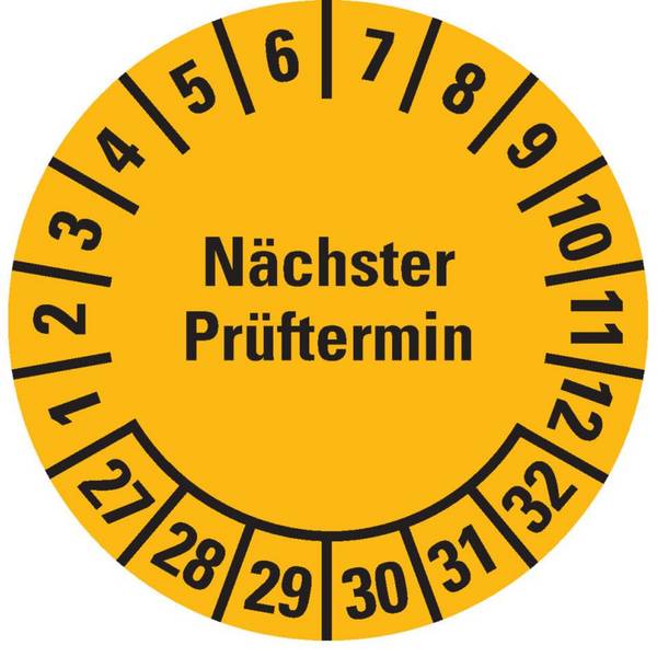 Prüfplakette Nächster Prüftermin 27-32, gelb, Dokumentenfolie, Ø15mm, 60/Bogen