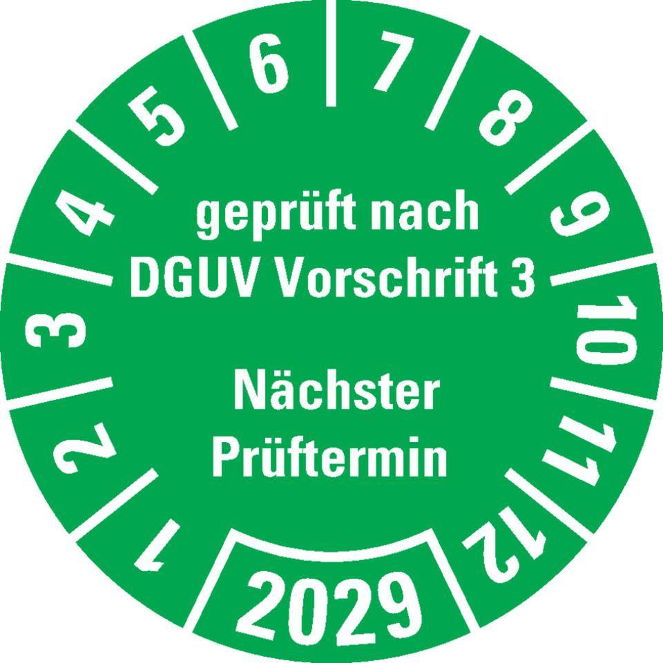 Prüfplakette geprüft nach DGUV Vorschrift 3 Nächster Prüftermin 2029, grün, Dokumentenfolie, Ø 25mm, 500/Rolle-0