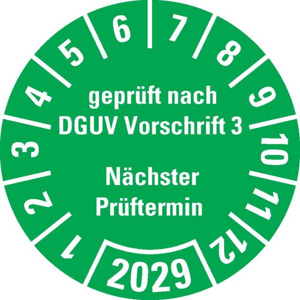 Prüfplakette geprüft nach DGUV Vorschrift 3 Nächster Prüftermin 2029, grün, Dokumentenfolie, Ø 25mm, 500/Rolle