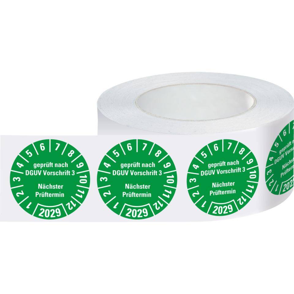 Prüfplakette geprüft nach DGUV Vorschrift 3 Nächster Prüftermin 2029, grün, Dokumentenfolie, Ø 25mm, 500/Rolle-1