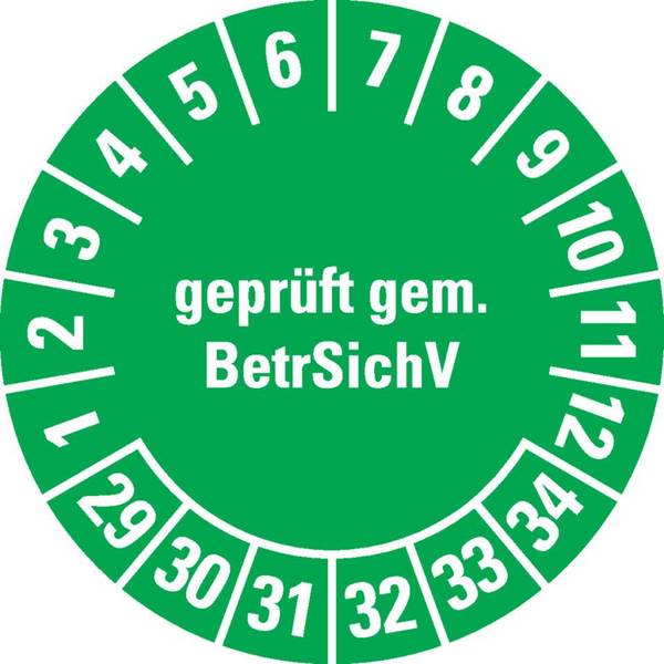 Prüfplakette BetrSichV, 29-34, grün, Dokumentenfolie, selbstklebend, Ø 30mm, 18/Bogen