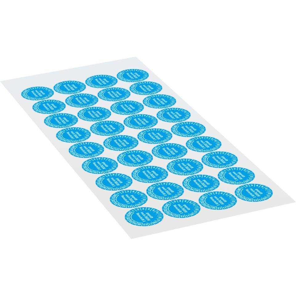 Prüfplakette geprüft nach DGUV Vorschrift 3, 30-35, hellblau, Folie, ablösbar, Ø 20mm, 36/Bogen-1