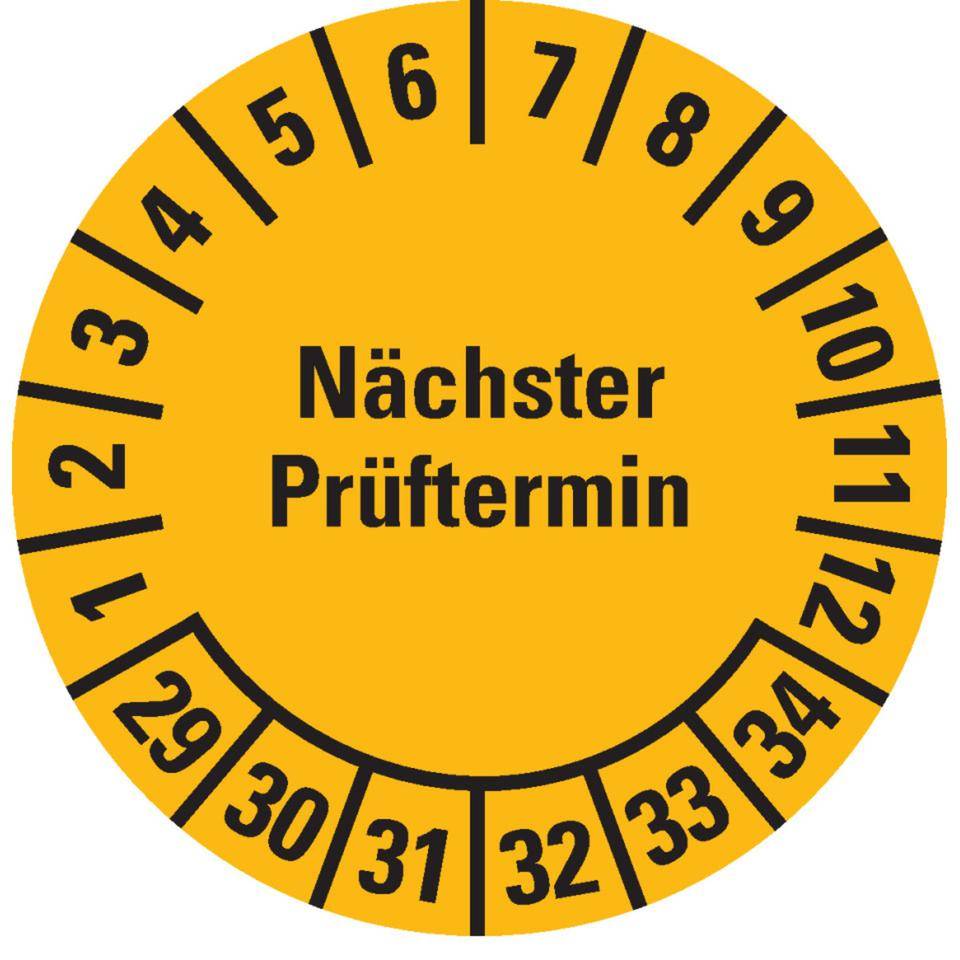 Prüfplakette Nächster Prüftermin 29-34, gelb, Dokumentenfolie, Spezialkleber, Ø 30mm, 18/Bogen-0