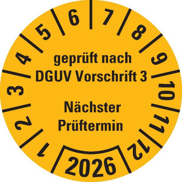 Prüfplakette geprüft nach DGUV Vorschrift 3 Nächster Prüftermin 2026, gelb, Dokumentenfolie, Ø 25mm, 500/Rolle