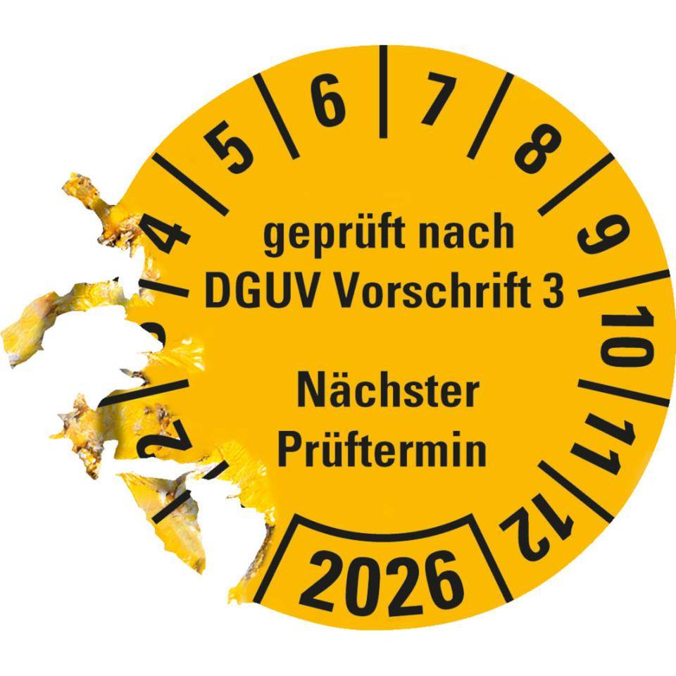 Prüfplakette geprüft nach DGUV Vorschrift 3 Nächster Prüftermin 2026, gelb, Dokumentenfolie, Ø 25mm, 500/Rolle-2