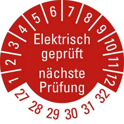 Prüfplakette Elektrisch geprüft Nächster Prüftermin, 27-31, rot,Folie, ablösbar, Ø 20mm, 500/Rolle-0
