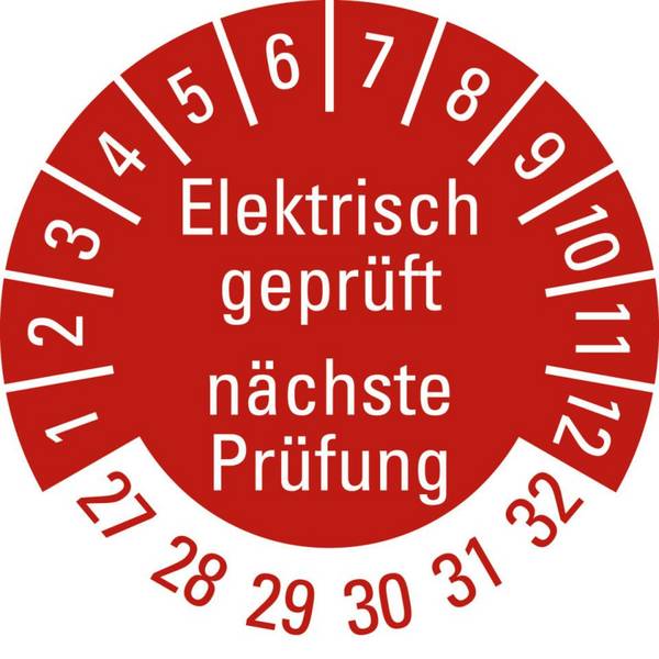 Prüfplakette Elektrisch geprüft Nächster Prüftermin, 27-31, rot,Folie, ablösbar, Ø 20mm, 500/Rolle