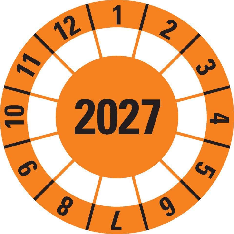 Prüfplakette 2027, orange, Dokumentenfolie, selbstklebend, Ø40mm, 10/Bogen-0
