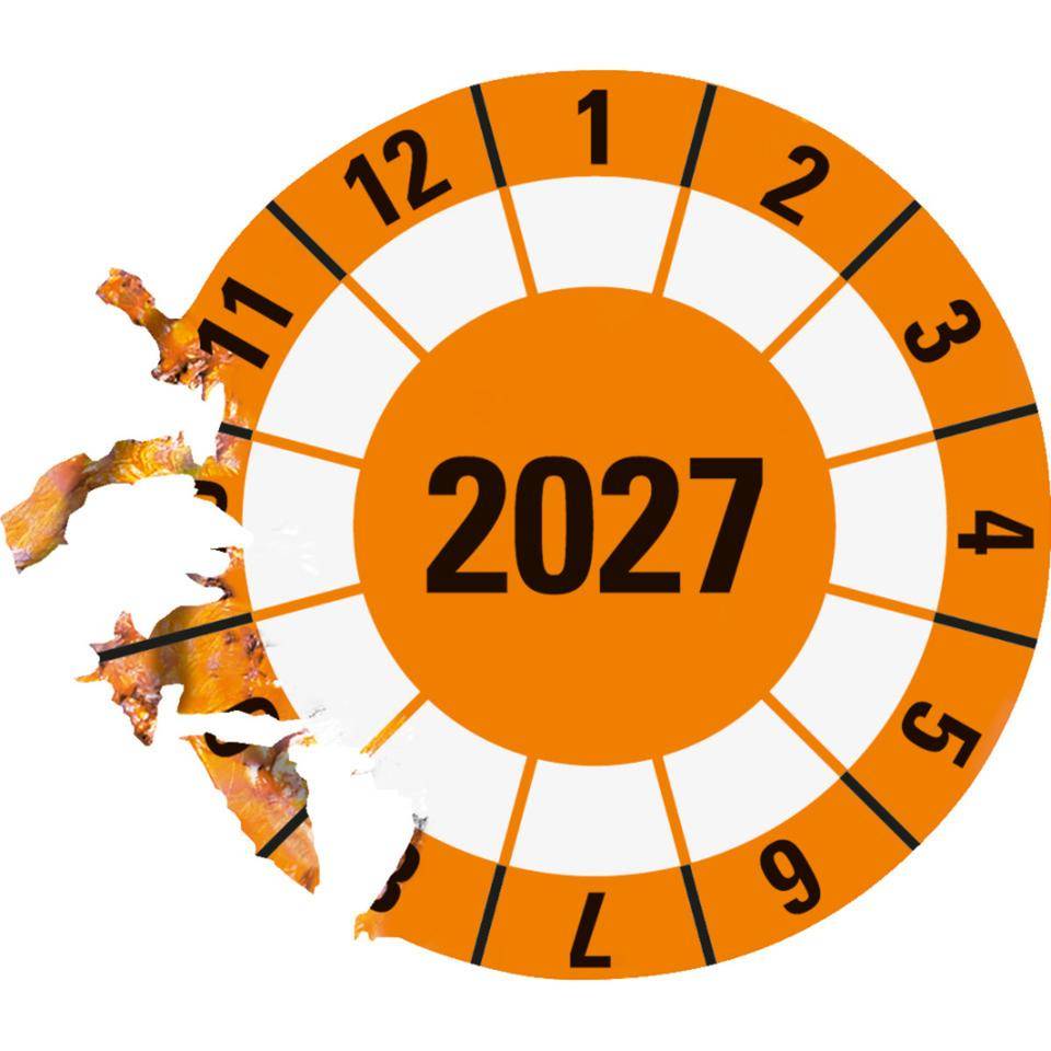 Prüfplakette 2027, orange, Dokumentenfolie, selbstklebend, Ø40mm, 10/Bogen-2