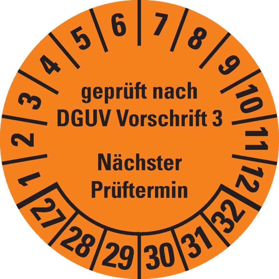 Prüfplakette geprüft DGUV Vorschrift 3 Nächster Prüftermin, 27-32, orange, Cellulose-Folie, Ø 30mm, 18/Bogen-0
