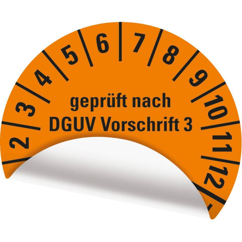Prüfplakette geprüft DGUV Vorschrift 3 Nächster Prüftermin, 27-32, orange, Cellulose-Folie, Ø 30mm, 18/Bogen-1
