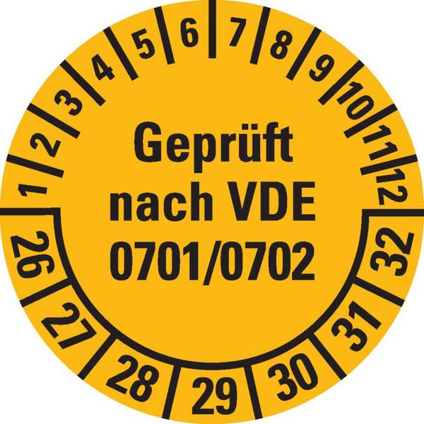 Prüfplakette Geprüft VDE 0701/0702 26-32, gelb, Dokumentenfolie,Ø30mm, 18/Bogen
