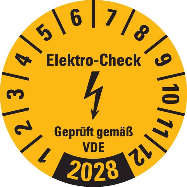Prüfplakette Elektro-Check Geprüft.., 2028, gelb, Dokumentenfolie, Ø 20mm, 36/Bogen