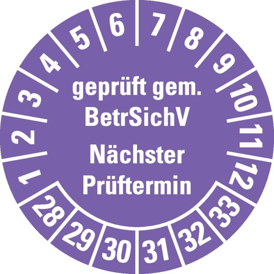 Prüfplakette BetrSichV nächster Prüftermin, 28-33, violett, Dokumentenfolie, Ø30mm, 18/Bogen-0