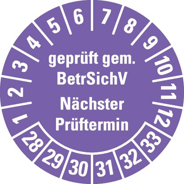 Prüfplakette BetrSichV nächster Prüftermin, 28-33, violett, Dokumentenfolie, Ø30mm, 18/Bogen
