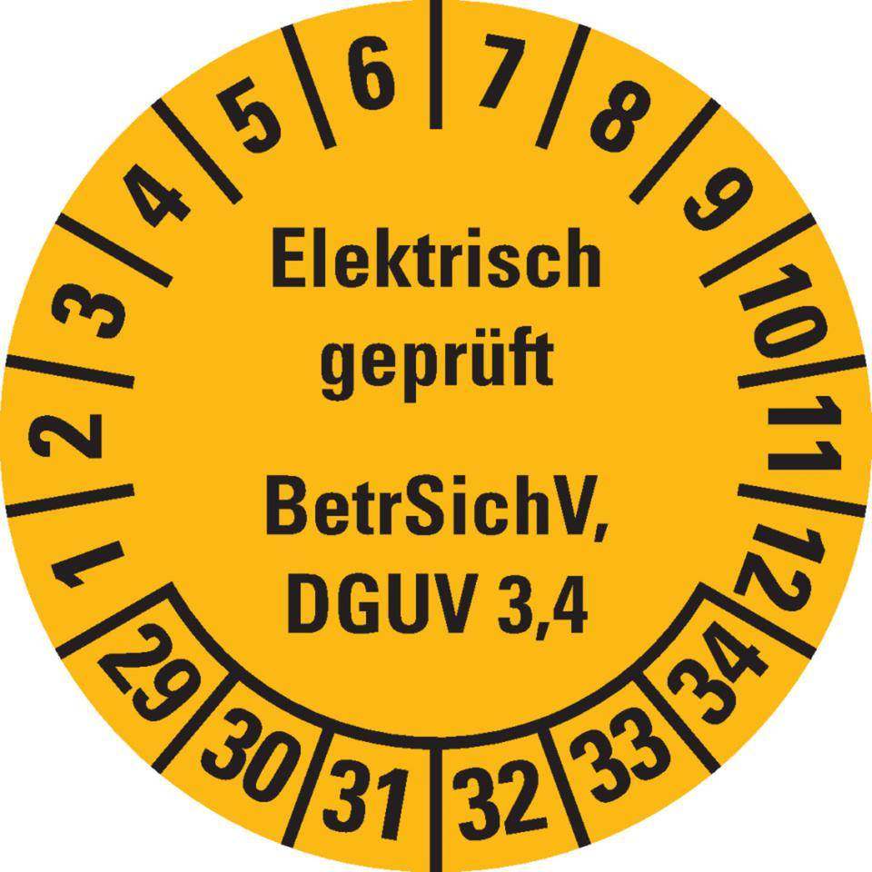 Prüfplakette Elektrisch geprüft, BetrSichV, DGUV 3/4, 29-34, gelb, Dokumentenfolie, Ø 30mm, 18/Bogen-0