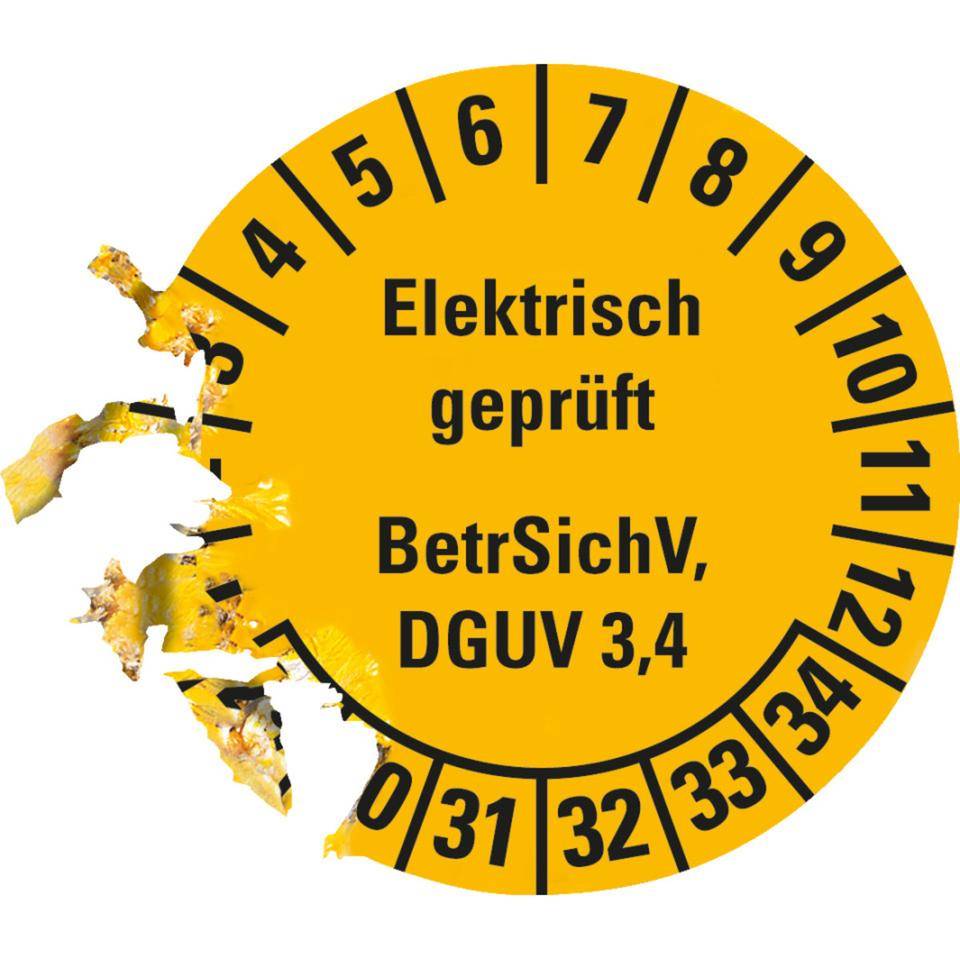 Prüfplakette Elektrisch geprüft, BetrSichV, DGUV 3/4, 29-34, gelb, Dokumentenfolie, Ø 30mm, 18/Bogen-2