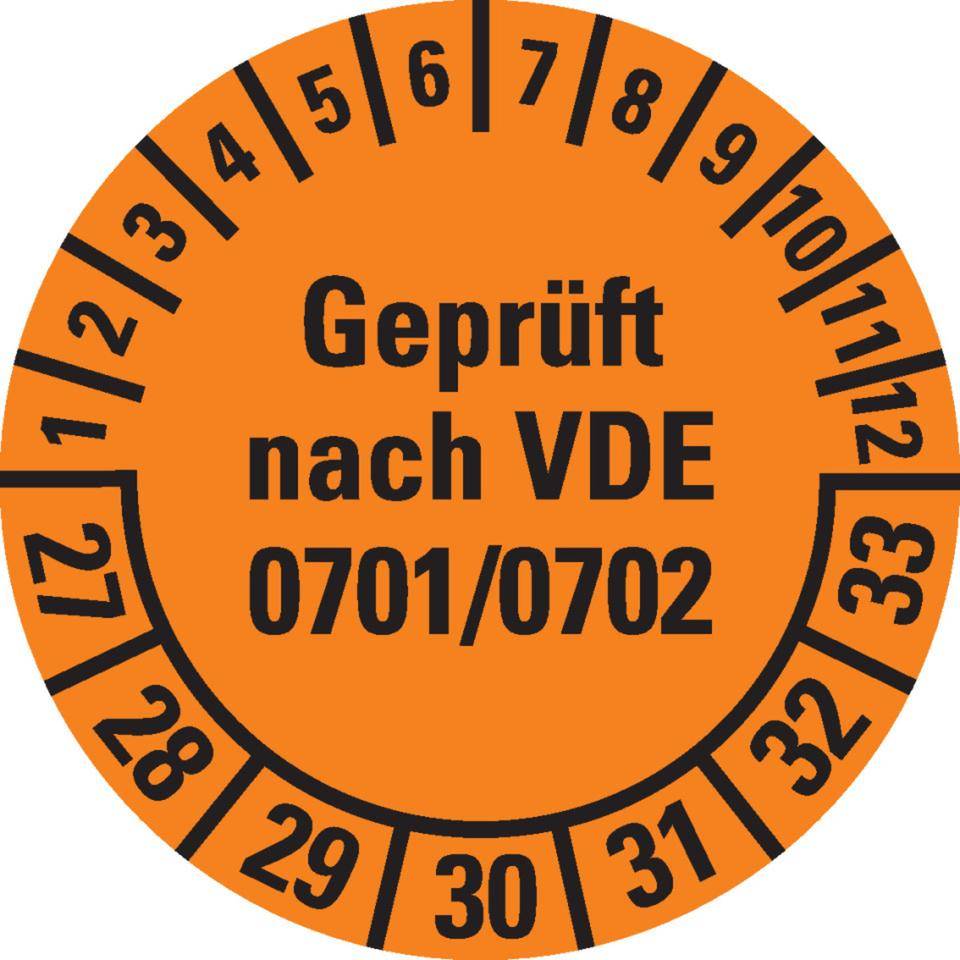 Prüfplakette geprüft nach VDE 0701, 27-33, orange, Dokumentenfolie, Ø30mm, 500/Rolle-0