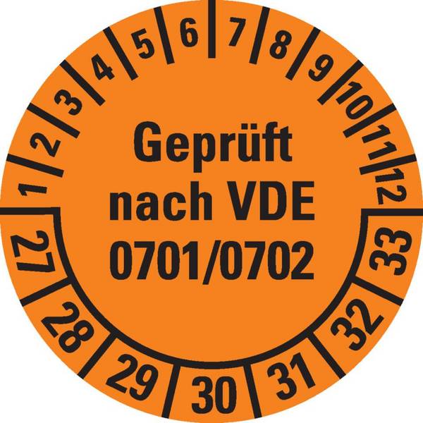 Prüfplakette geprüft nach VDE 0701, 27-33, orange, Dokumentenfolie, Ø30mm, 500/Rolle