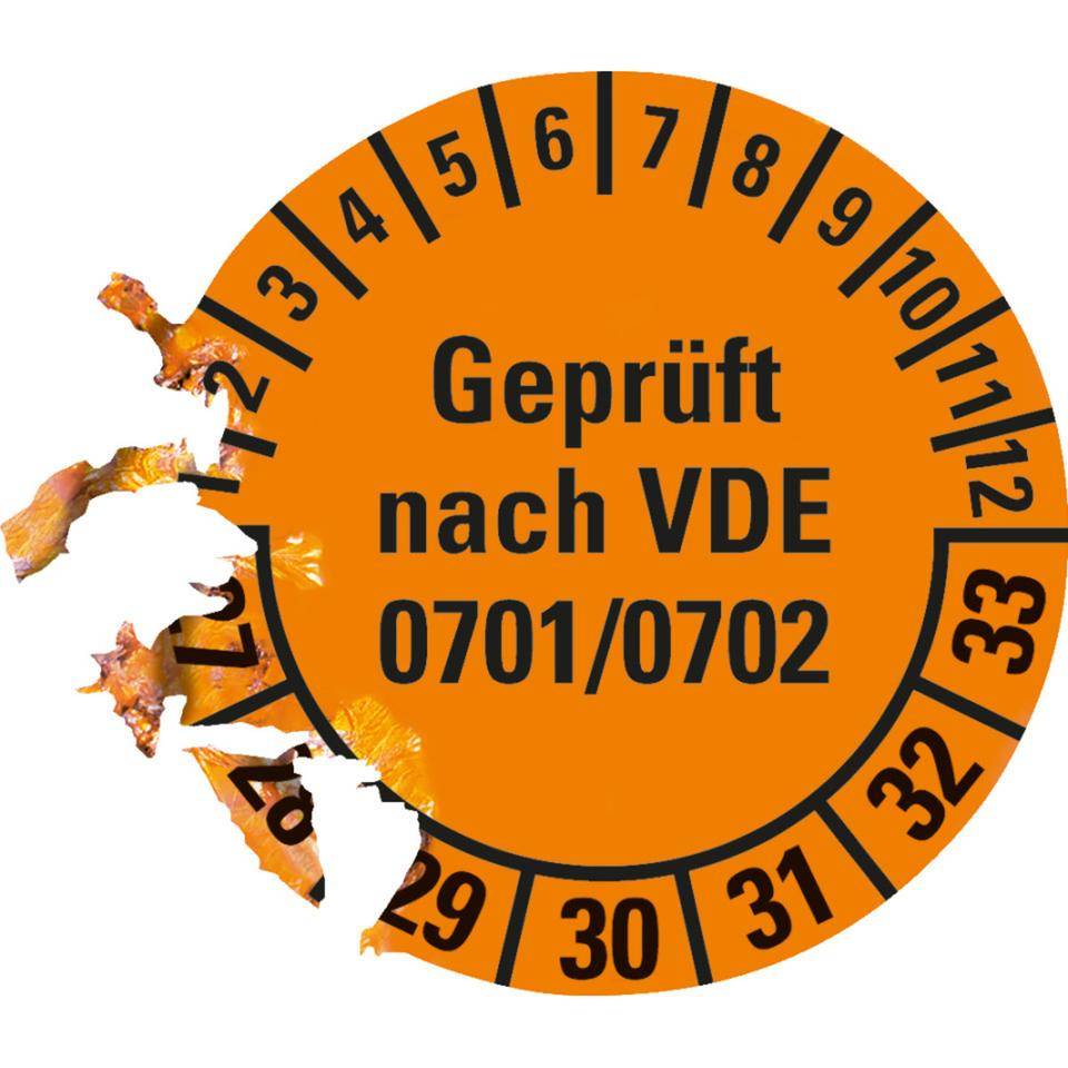 Prüfplakette geprüft nach VDE 0701, 27-33, orange, Dokumentenfolie, Ø30mm, 500/Rolle-1