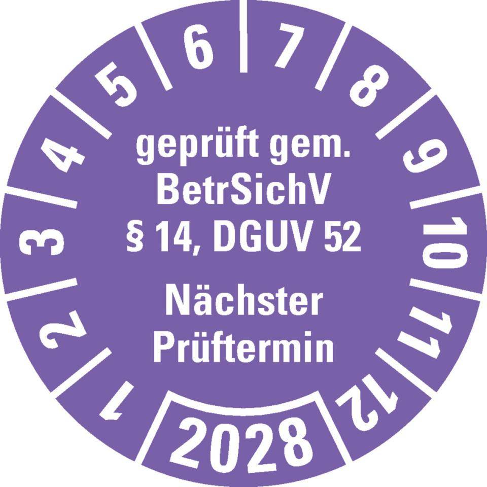 Prüfplakette BetrSichV §14, DGUV52, Nächster Prüftermin, 2028, violett, Folie, Spezialkleber, Ø30mm, 18/Bogen-0