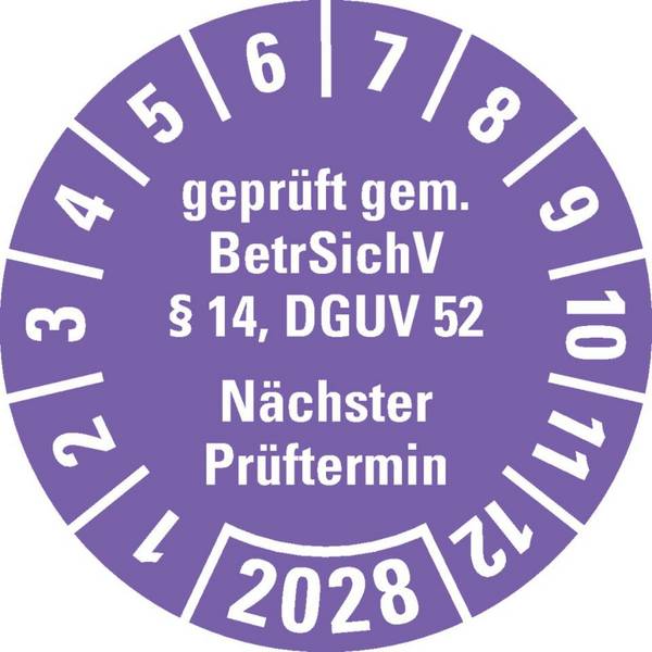 Prüfplakette BetrSichV §14, DGUV52, Nächster Prüftermin, 2028, violett, Folie, Spezialkleber, Ø30mm, 18/Bogen