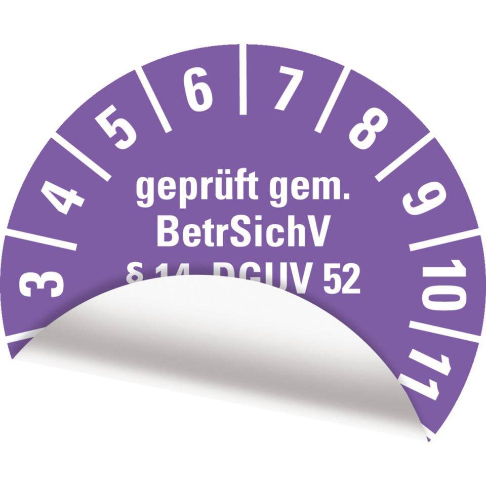 Prüfplakette BetrSichV §14, DGUV52, Nächster Prüftermin, 2028, violett, Folie, Spezialkleber, Ø30mm, 18/Bogen-2