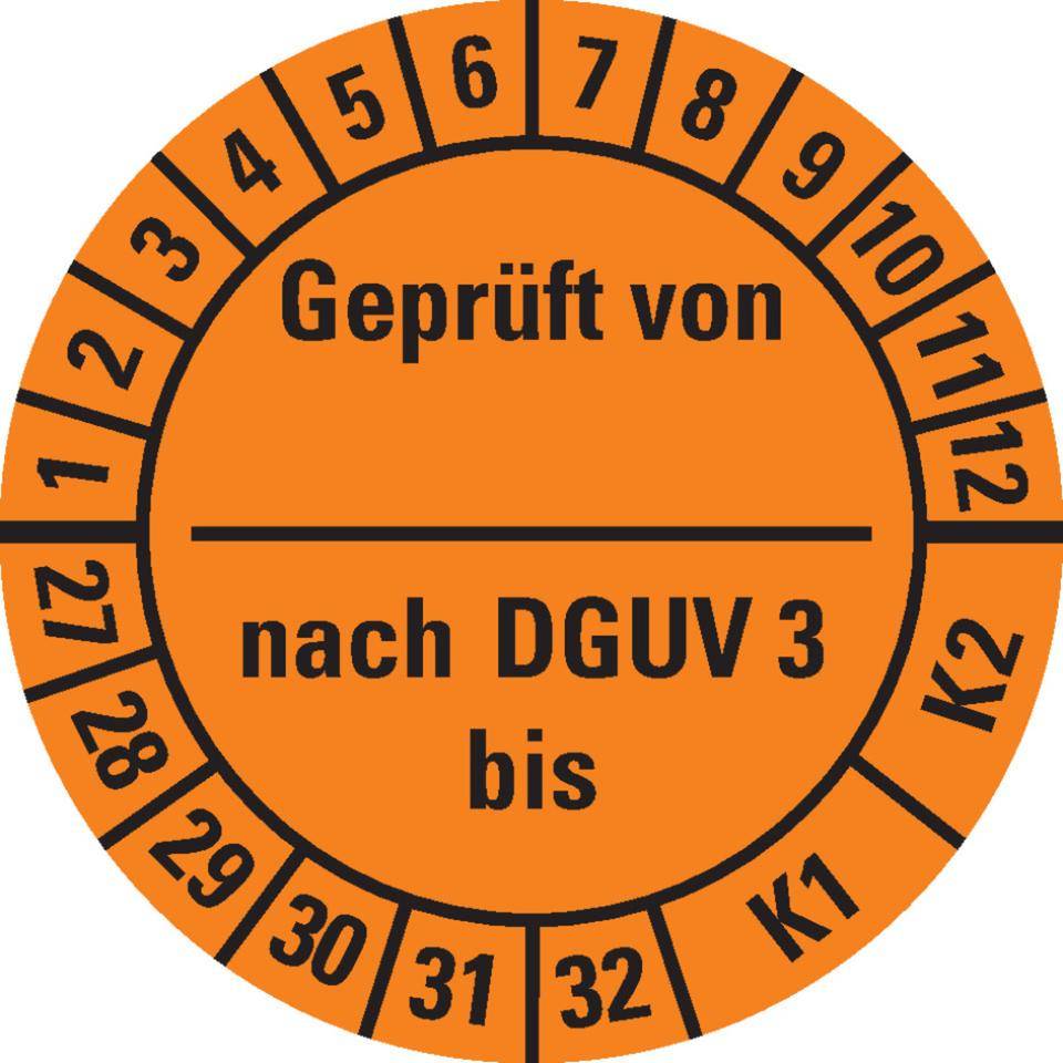 Prüfplakette Geprüft v.-n.DGUV Vorschrift 3 K1/K2, 27-32, orange, Dokumentenfolie, Ø25mm, 21/Bogen-0