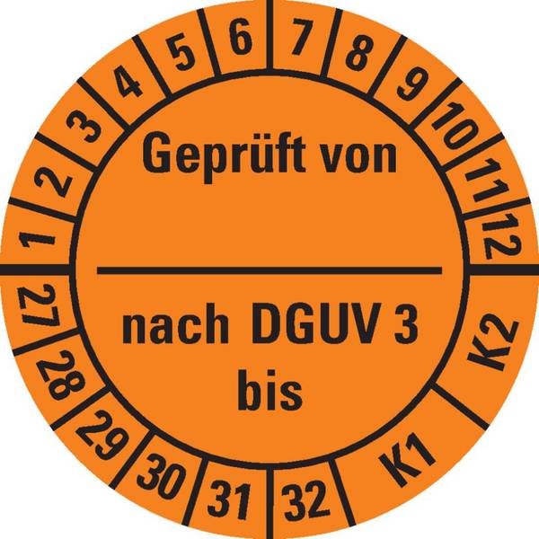 Prüfplakette Geprüft v.-n.DGUV Vorschrift 3 K1/K2, 27-32, orange, Dokumentenfolie, Ø25mm, 21/Bogen