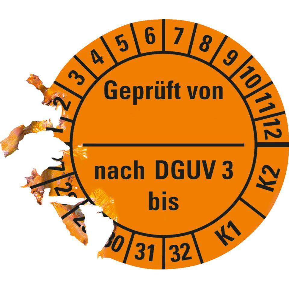 Prüfplakette Geprüft v.-n.DGUV Vorschrift 3 K1/K2, 27-32, orange, Dokumentenfolie, Ø25mm, 21/Bogen-1