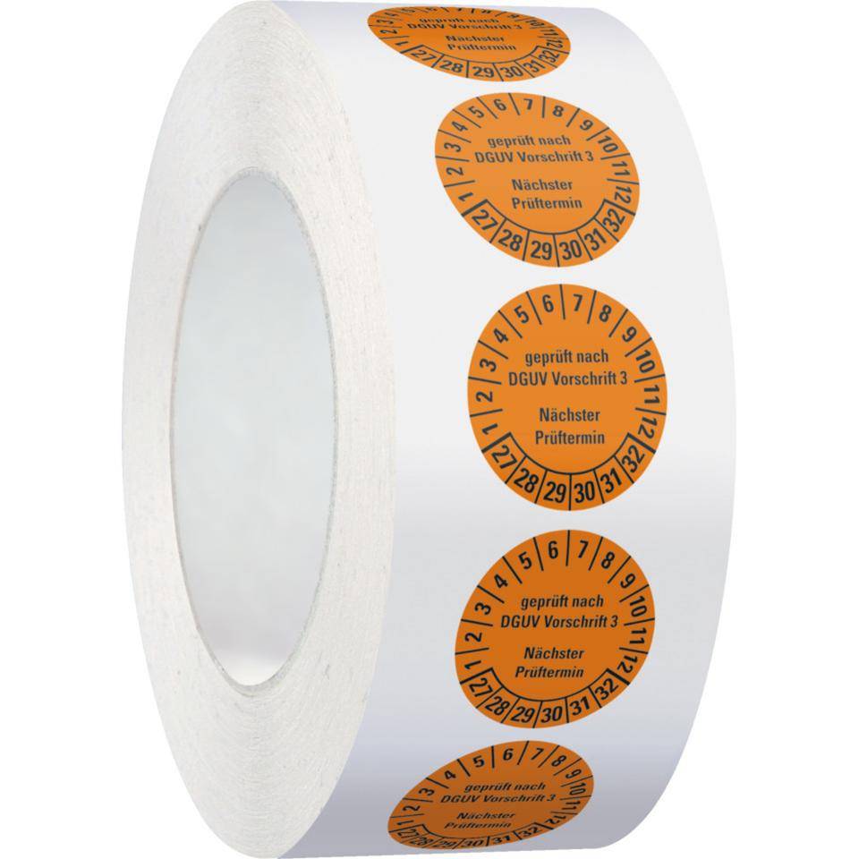 Prüfplakette geprüft nach DGUV Vorschrift 3 Nächster Prüftermin,27-32, orange, Folie, ablösbar, Ø 25mm, 500/Rolle-3