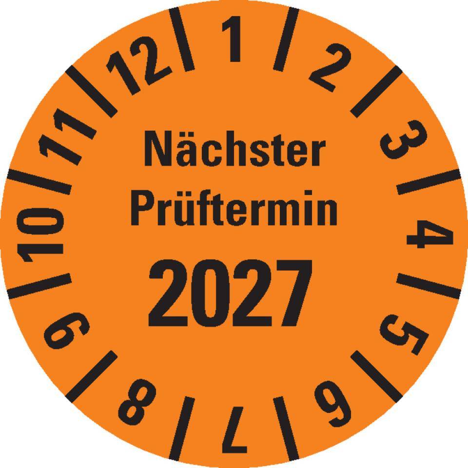 Prüfplakette Nächster Prüftermin 2027, orange, Polyesterfolie, Spez., Ø20mm, 36/Bogen-0