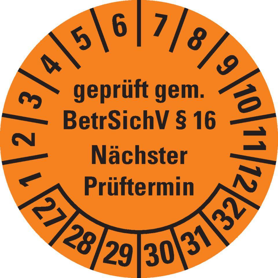 Prüfplakette geprüft gemäß BetrSichV §16, 27-32, orange, Dokumentenfolie, Ø 30mm, 18/Bogen-0