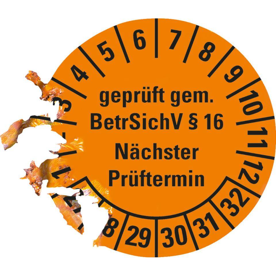 Prüfplakette geprüft gemäß BetrSichV §16, 27-32, orange, Dokumentenfolie, Ø 30mm, 18/Bogen-2