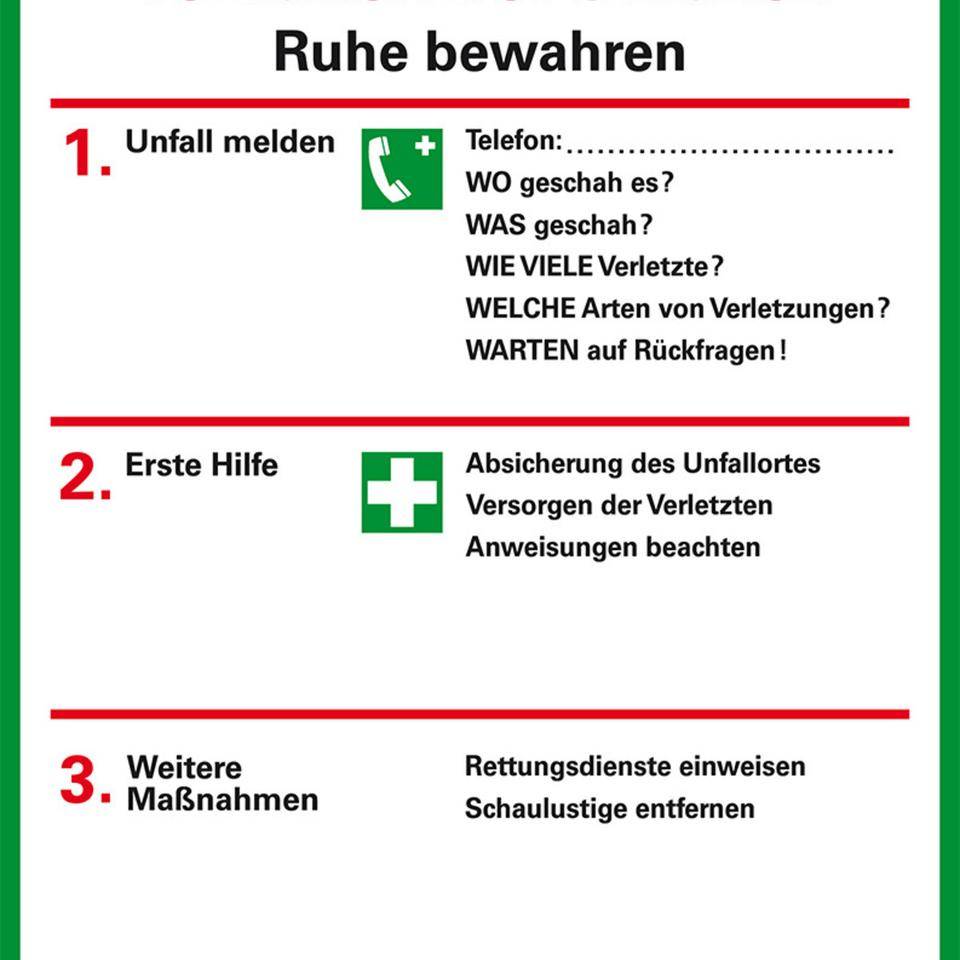 Verhaltensregeln Verhalten bei Unfällen, ISO 7010, Folie, selbstklebend, 95x115mm-0