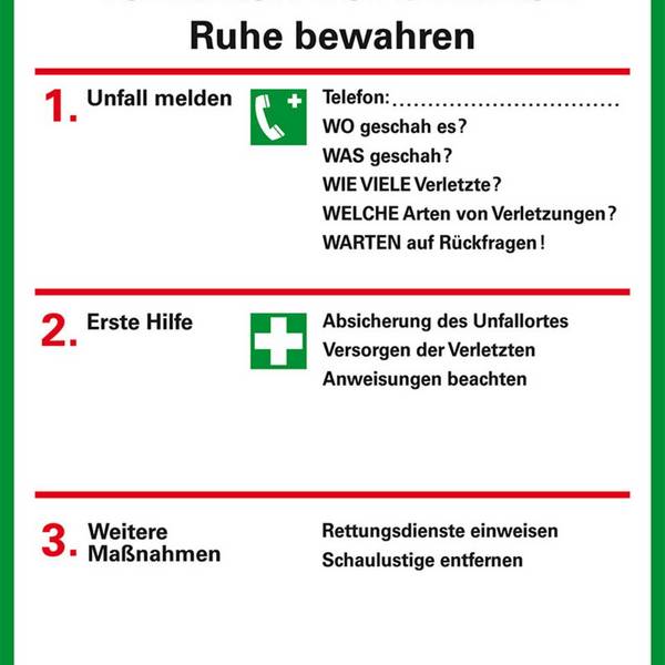Verhaltensregeln Verhalten bei Unfällen, ISO 7010, Folie, selbstklebend, 95x115mm