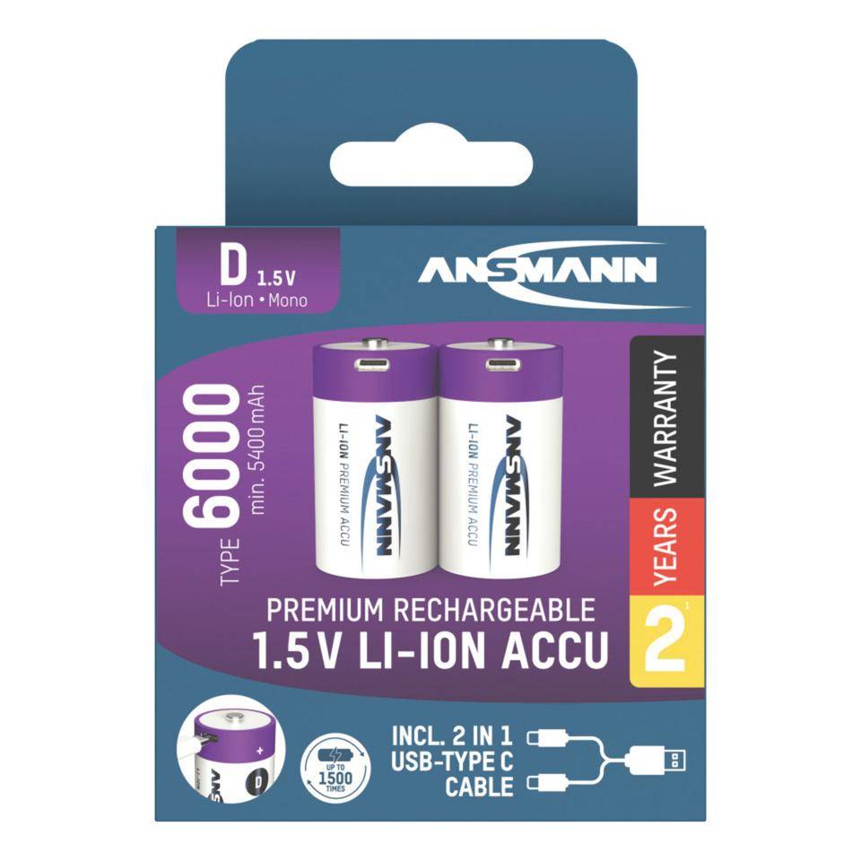 ANSMANN Lithium-Ionen Akkus Mono D Typ 6000 (min. 5400 mAh), 2/VE-3