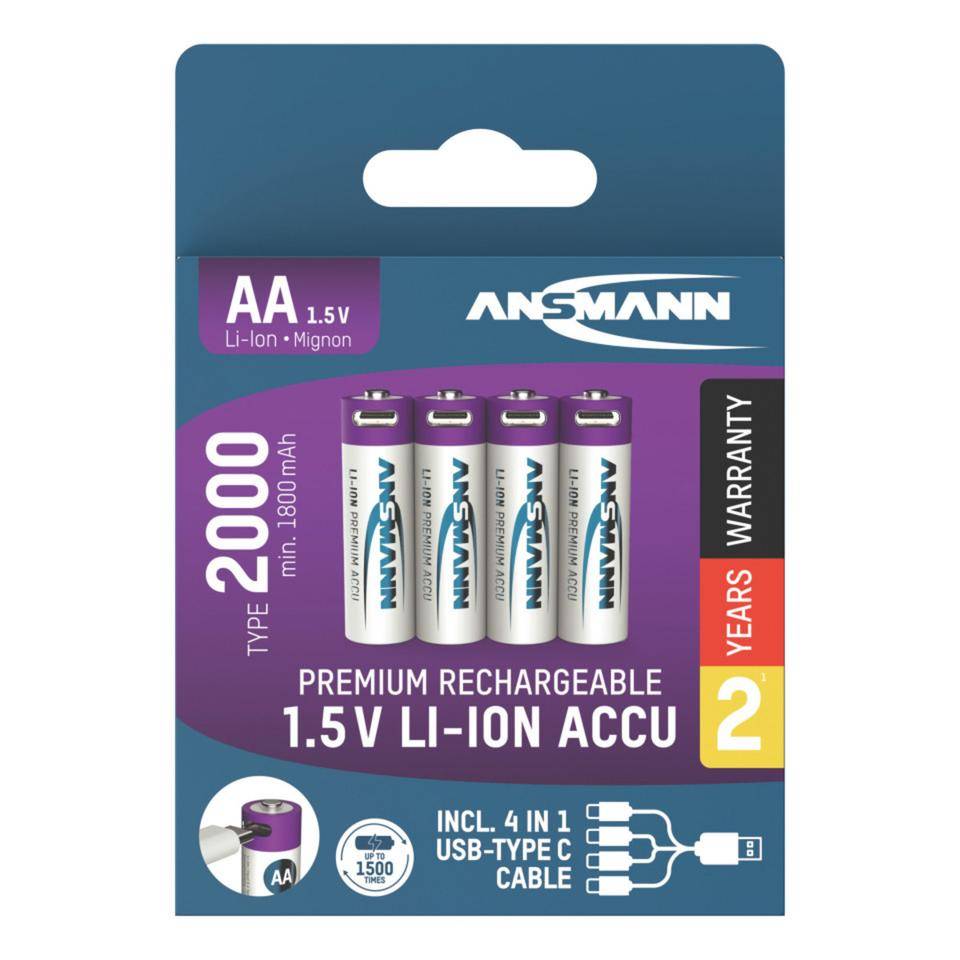 ANSMANN Lithium-Ionen Akkus Mignon AA Typ 2000 (min. 1800 mAh), 4/VE-3