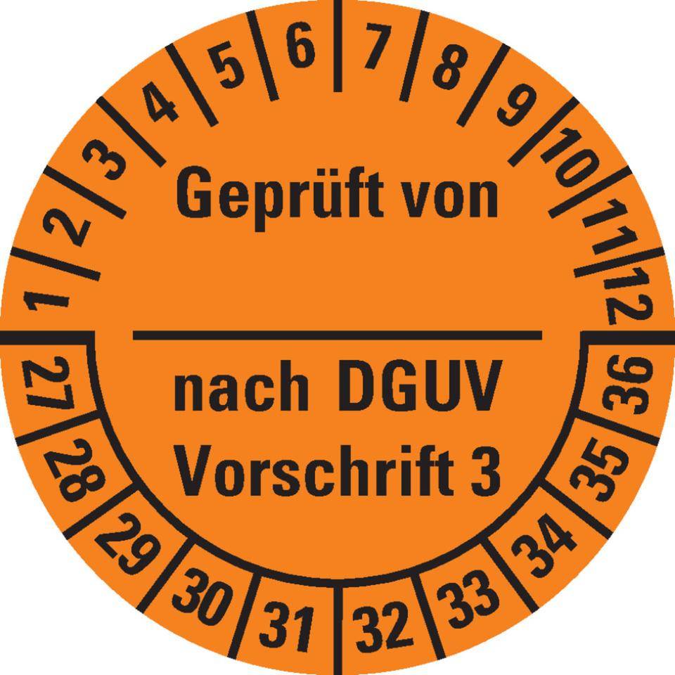 Prüfplakette Geprüft von-nach DGUV Vorschrift 3, 27-36, orange, Dokumentenfolie, Ø25mm, 21/Bogen-0