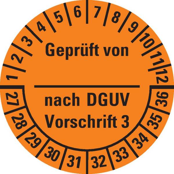 Prüfplakette Geprüft von-nach DGUV Vorschrift 3, 27-36, orange, Dokumentenfolie, Ø25mm, 21/Bogen