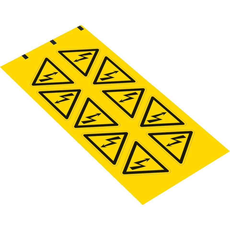 Warnschild Warnung vor elektrischer Spannung, Folie, selbstklebend, SL 50mm, 10/Bogen, ASR A1.3, DIN EN ISO 7010 W012-3